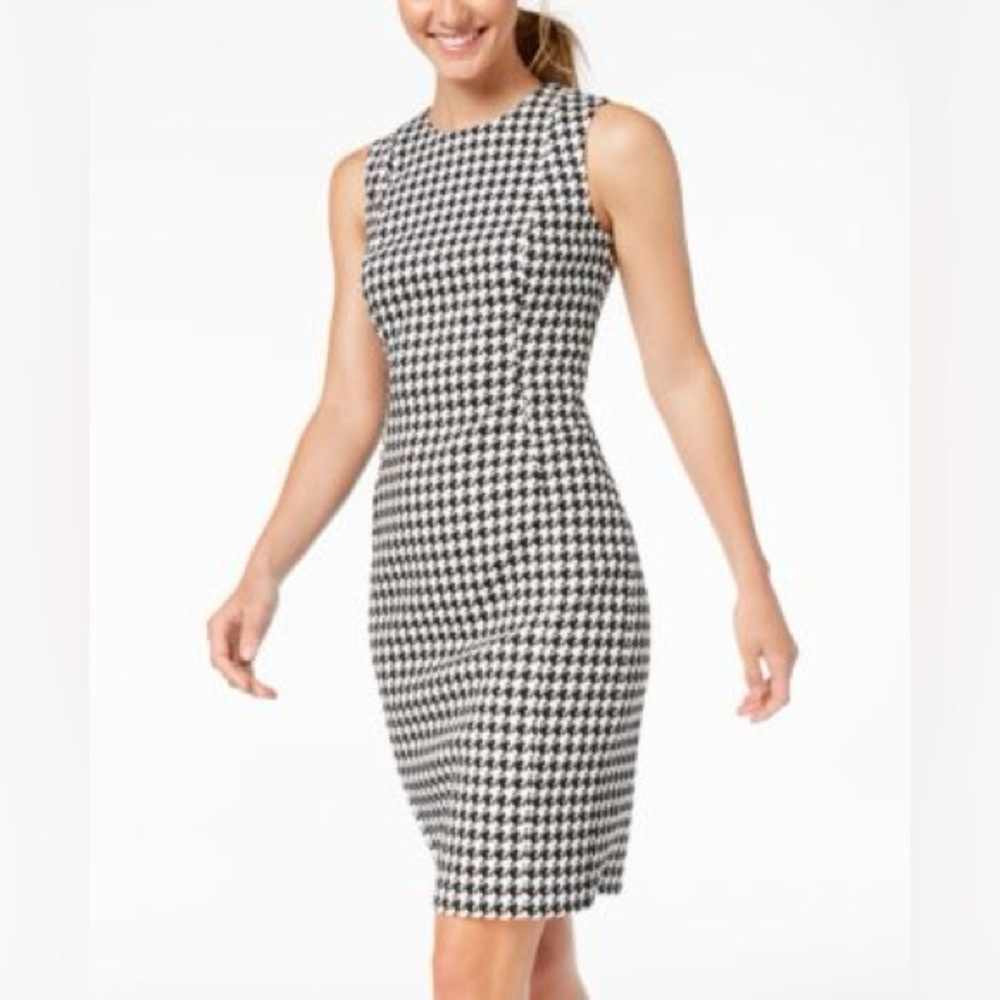 Calvin Klein Black and White Houndstooth Sheath Midi Dress Size 2